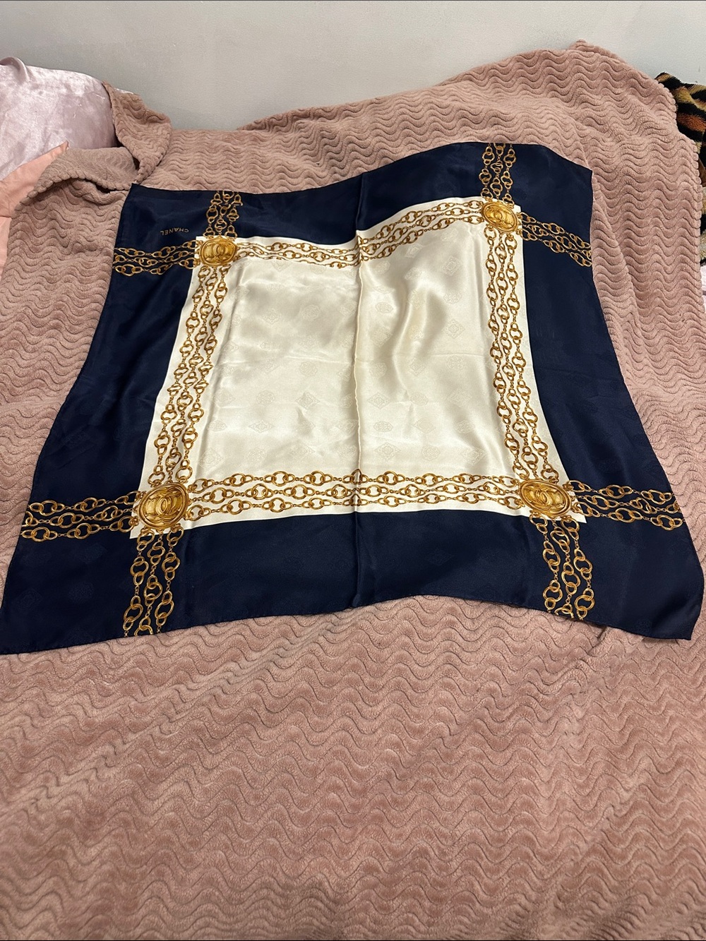 CHANEL Navy, Cream and Gold Chain Motif Silk Scarf PREOWNED
